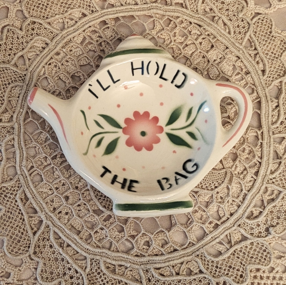 Tea Bag Holding Dish Pink & Green Flower "I'll hold the bag"  1960's